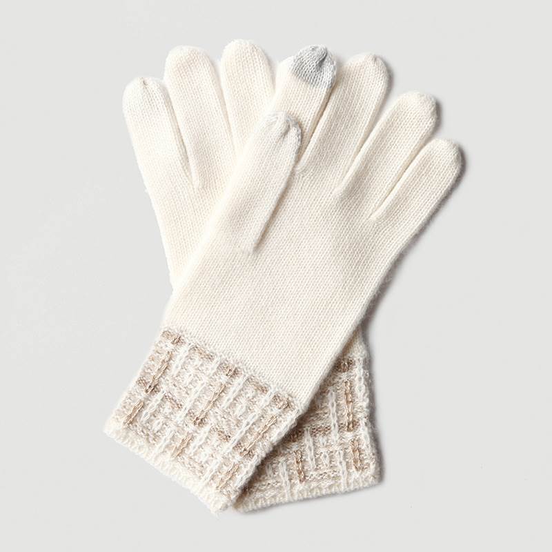 Plaid Pattern with Gold Thread Cashmere Gloves for Women - Beige