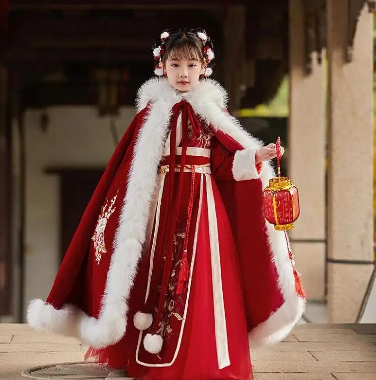 Song Style Girl’s Red Dress and Plush Cape - Cape