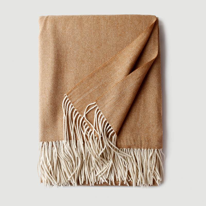 Herringbone Texture Solid Color Wool Blanket with Tassel- Yellow-Camel