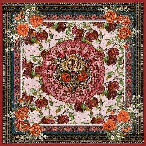 Roses and the Fierce Tiger Silk Scarf - Orange Tone Pattern