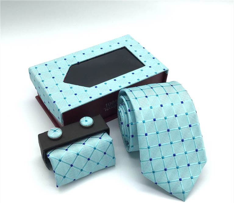 Checkered Plaid Stripe Tie Set - Cyan