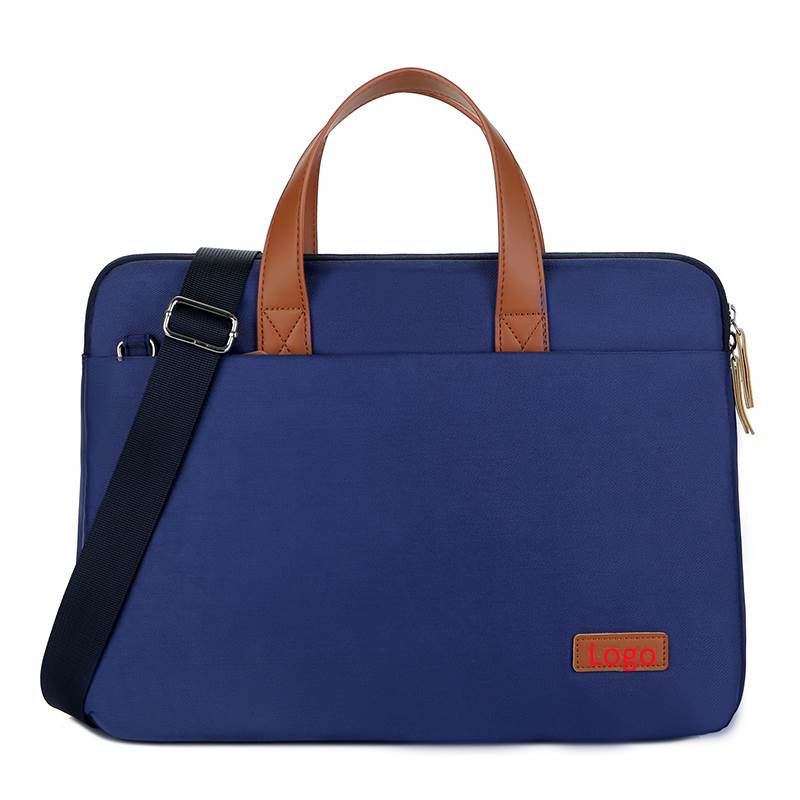 Custom Laptop Shoulder Briefcase - Dark Blue with Brown Handle