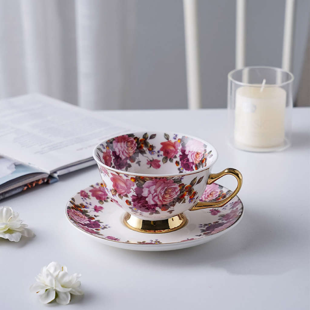 British Style Teacup and Saucer - Rose Red (with patterns)