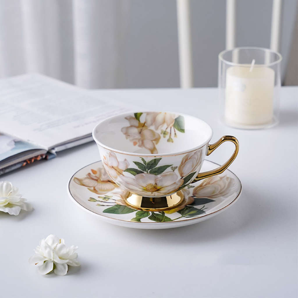 British Style Teacup and Saucer - White (with patterns)