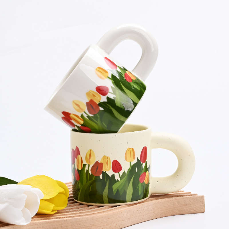 Artistic Coffee Mug with Tulip Pattern