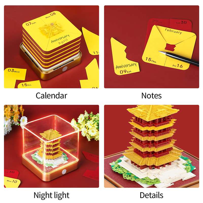 Yellow Crane Tower Paper Sculpture Calendar - Multi-function