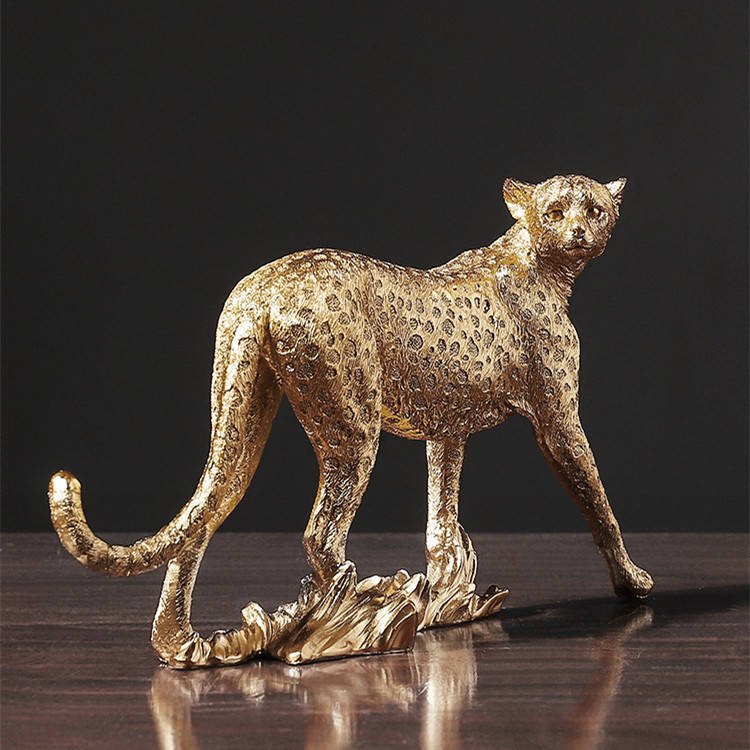 Modern Resin Leopard Statue - Golden Standing Pose