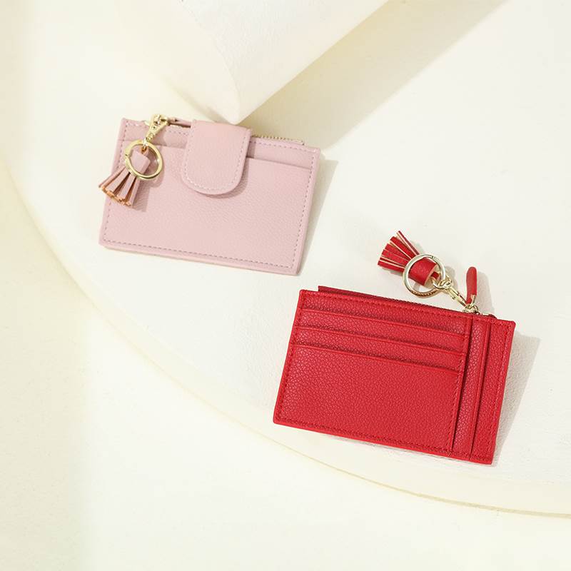 Zippered Card Case with Keyring and Tassel - Pink and Red