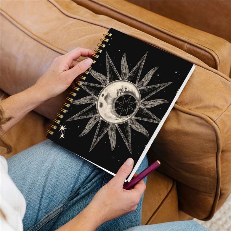 Mysterious Star and Moon Spiral Bound Notebook in Use