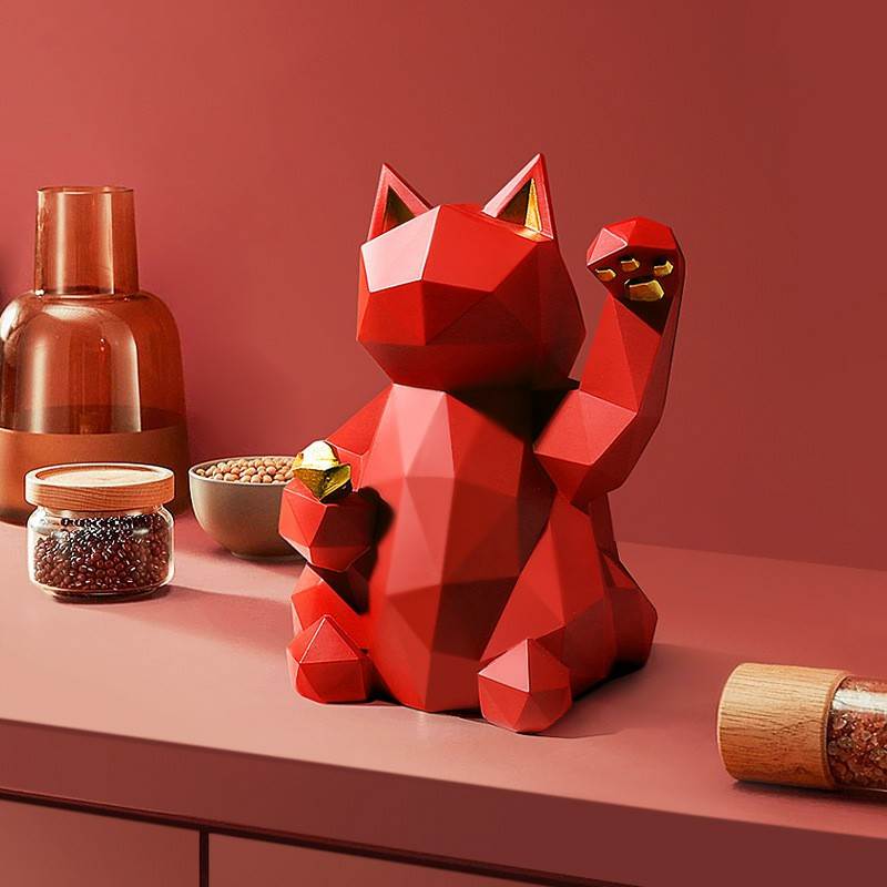 Matte Geometric Lucky Cat Resin Figurine - Red