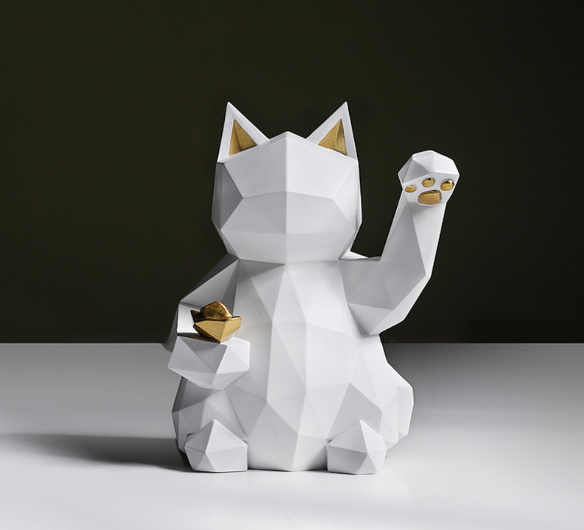 Matte Geometric Lucky Cat Resin Figurine - White