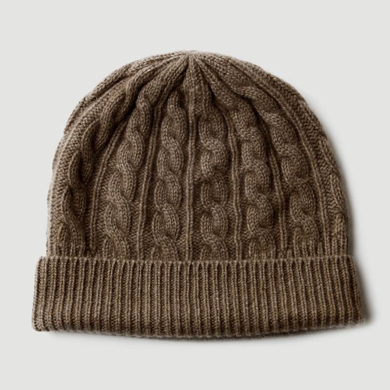 Twist-Ribbed Solid Color Cashmere Beanie - Brown