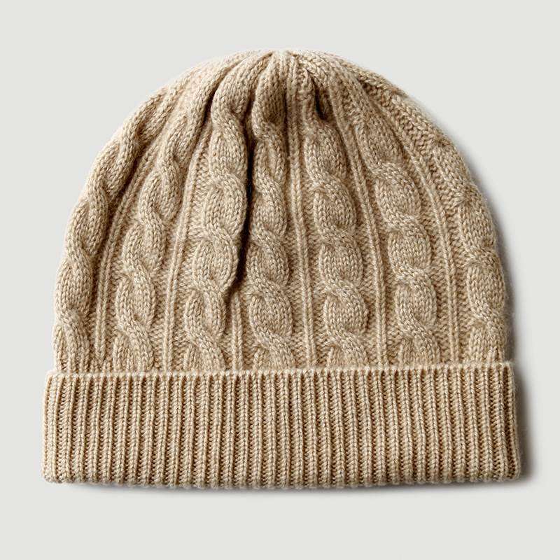 Twist-Ribbed Solid Color Cashmere Beanie - Beige
