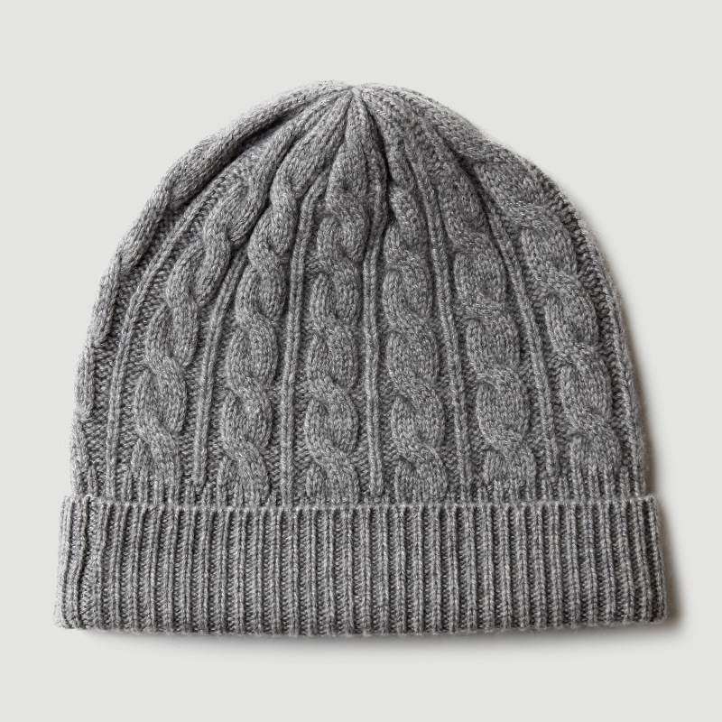 Twist-Ribbed Solid Color Cashmere Beanie - Gray