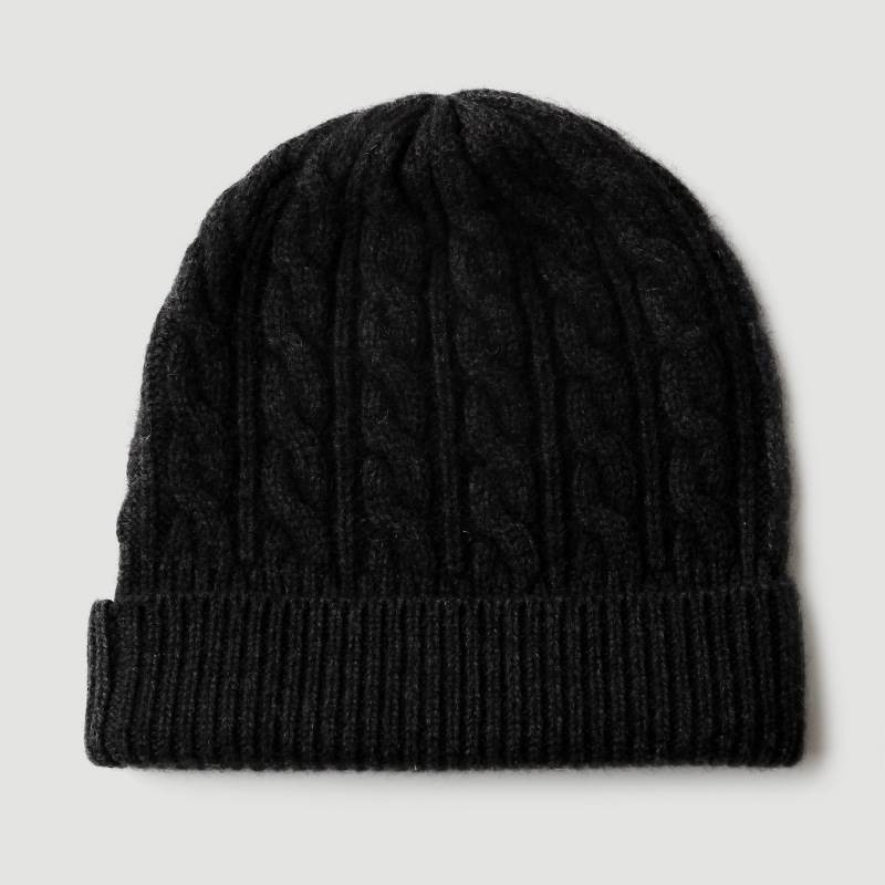 Twist-Ribbed Solid Color Cashmere Beanie - Black