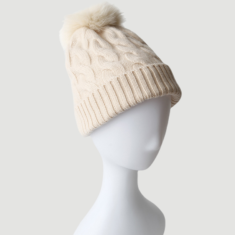 Twisted Knit Pom Pom Cashmere Beanie - Creamy White