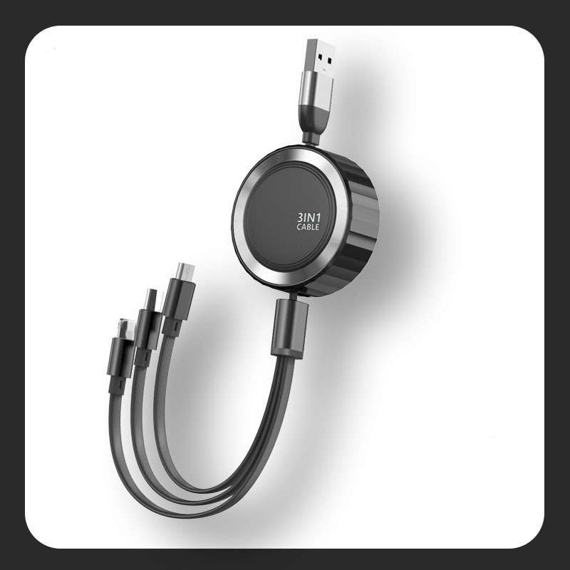 4ft 3-in-1 Retractable Charging Cable - Black