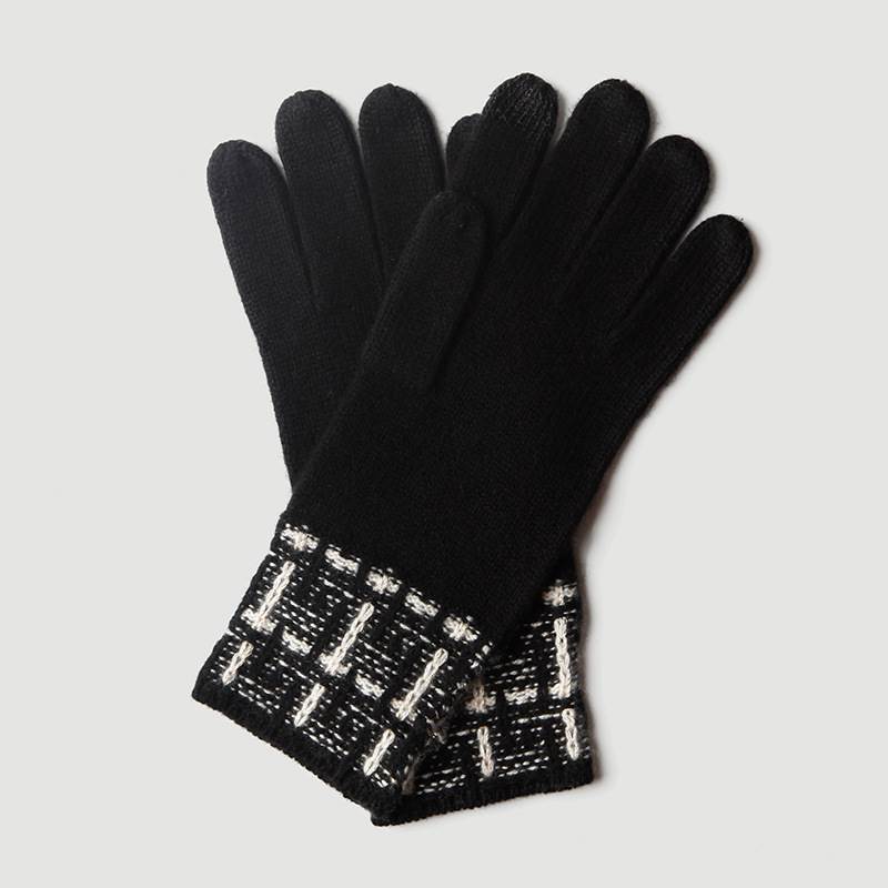 Plaid Pattern with Gold Thread Cashmere Gloves for Women - Black