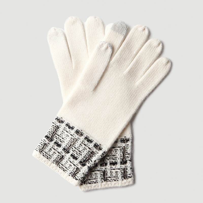 Plaid Pattern with Gold Thread Cashmere Gloves for Women - Gray