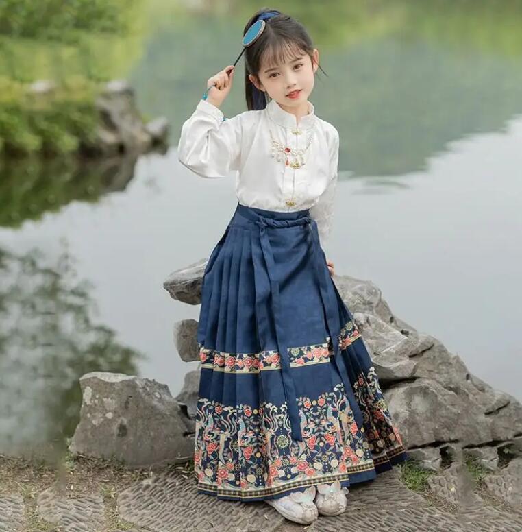 Ming Style Stand Collar Shirt and Digital Printing Horse Face Skirt