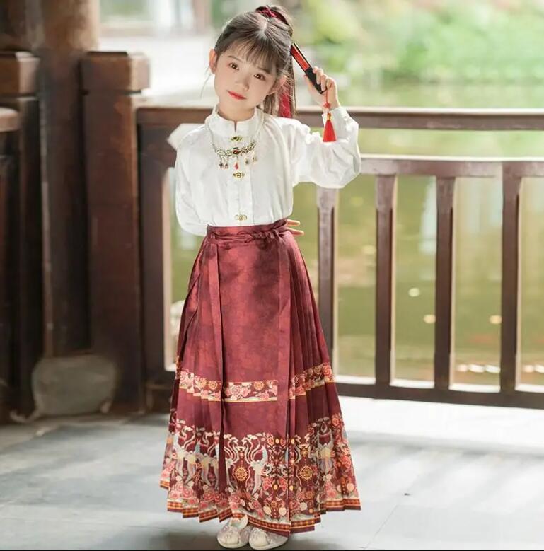 Ming Style Stand Collar Shirt and Digital Printing Horse Face Skirt - Red