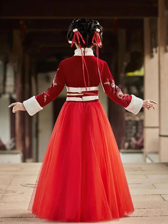Song Style Girl’s Red Dress and Plush Cape - Back