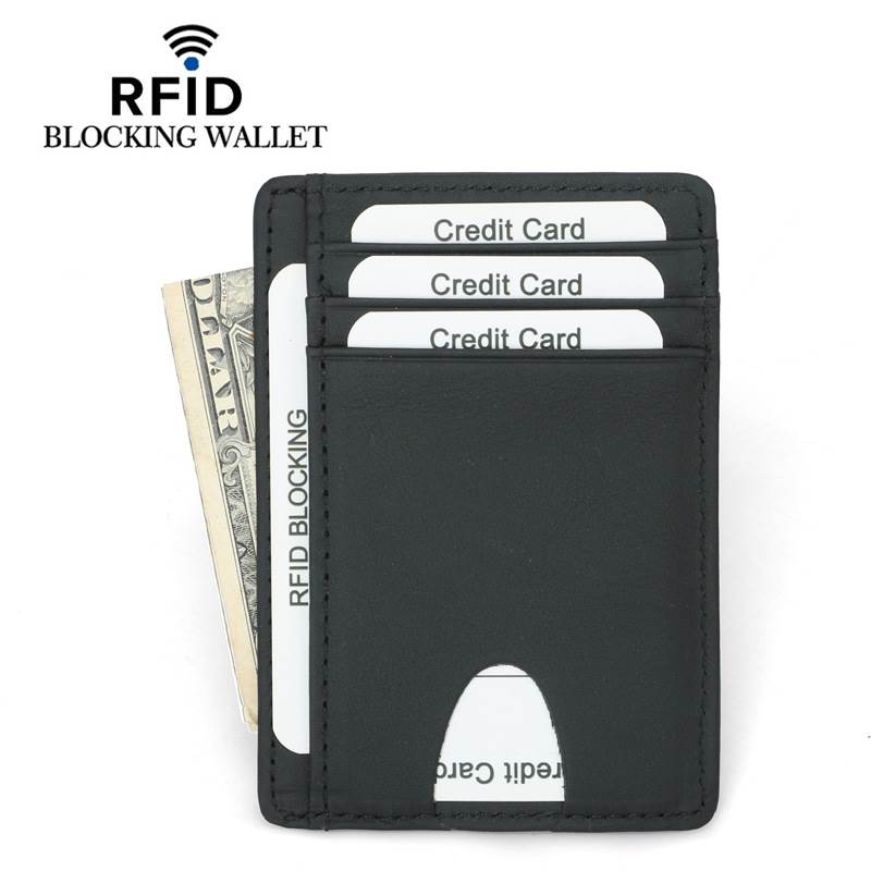 Carbon Fiber Texture RFID Multi-Card Slots Card Holder - Plain Leather Texture Black