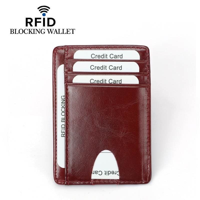 Carbon Fiber Texture RFID Multi-Card Slots Card Holder - Plain Leather Texture Vintage Red