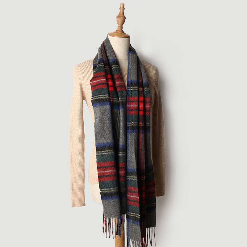 Scottish Plaid Pattern Cashmere Scarf with Tassel - Red and Gray