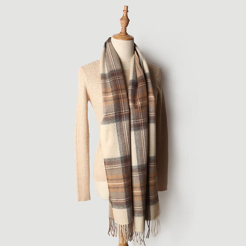 Scottish Plaid Pattern Cashmere Scarf with Tassel - Beige and Brown