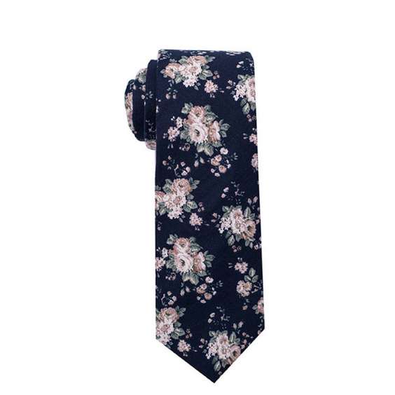 Vintage Floral Digital Printing Cotton Tie - Navy Blue Tie with Pink Flowers