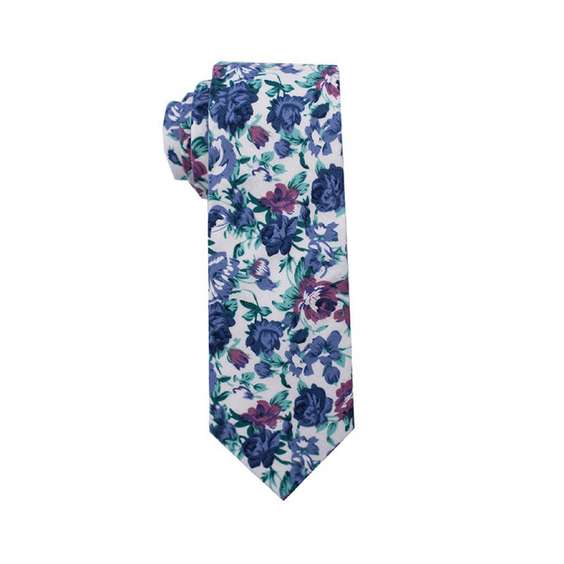 Vintage Floral Digital Printing Cotton Tie - Beige Tie with Blue and Purple Flowers