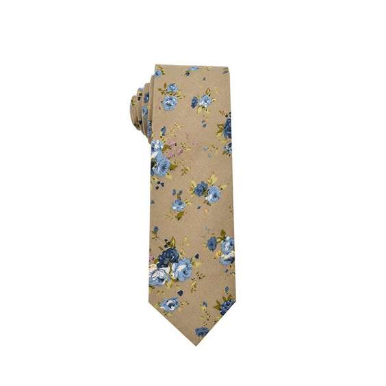 Vintage Floral Digital Printing Cotton Tie - Earthy Yellow Tie with Blue Flowers