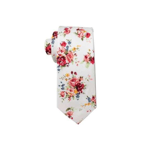 Vintage Floral Digital Printing Cotton Tie - White Tie with Red Flowers