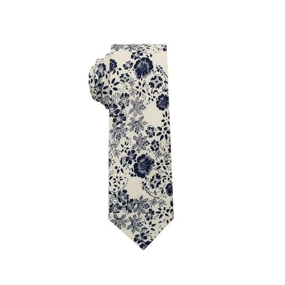 Vintage Floral Digital Printing Cotton Tie - Beige Tie with Dark Blue Flowers