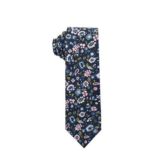 Vintage Floral Digital Printing Cotton Tie - Navy Blue Tie with Colorful Flowers