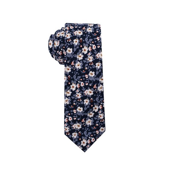 Vintage Floral Digital Printing Cotton Tie - Dark Blue Tie with While Flowers
