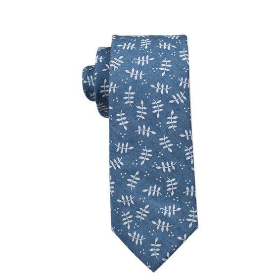 Denim Blue Floral Cotton Tie - Leaves