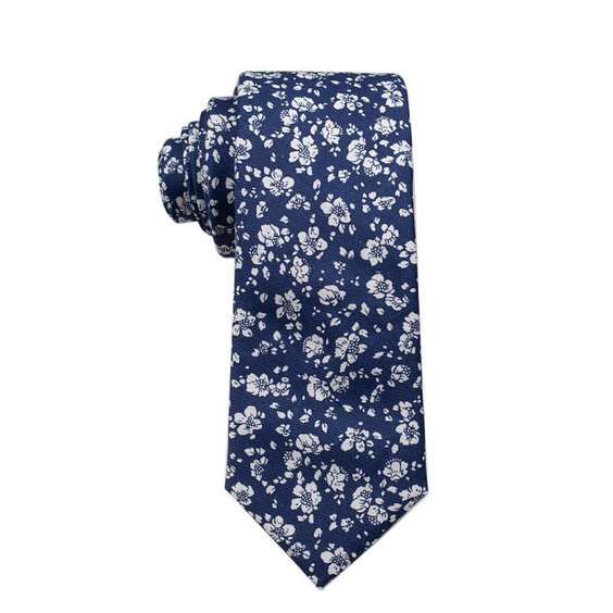 Denim Blue Floral Cotton Tie - Dark Blue Tie with White Flowers