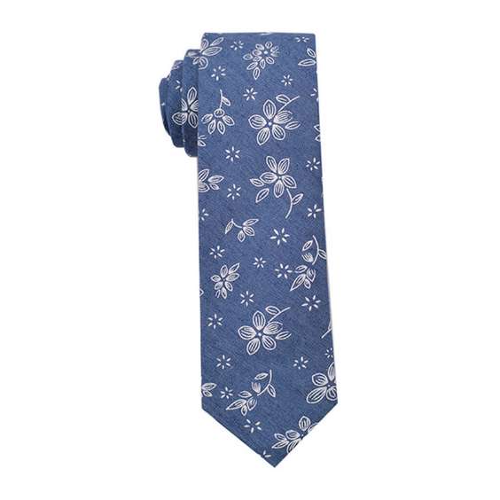 Denim Blue Floral Cotton Tie - Cute White Flowers