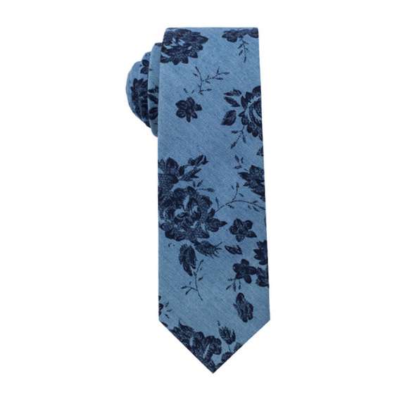 Denim Blue Floral Cotton Tie - Black Roses