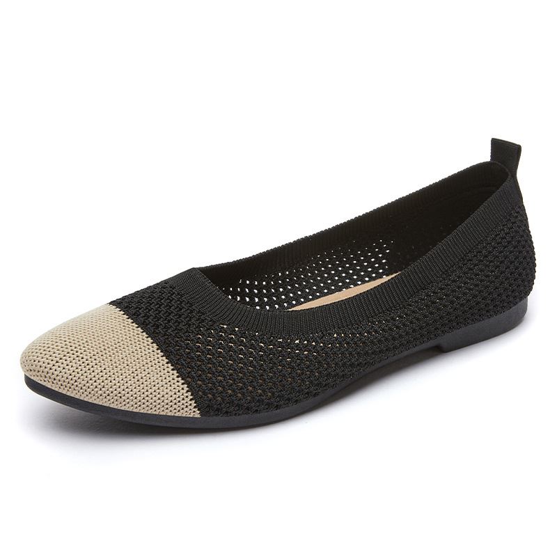 Pointed Toe Mesh Upper Flat Shoes - Black with Beige Toe