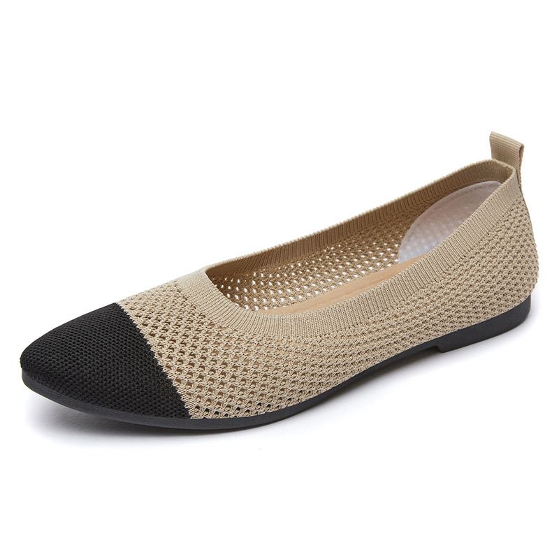 Pointed Toe Mesh Upper Flat Shoes - Beige with Black Toe