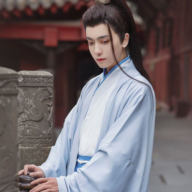 Wei Jin Style Overlapping Collar Long Robe and Baggy Sleeve Blouse - Light Blue