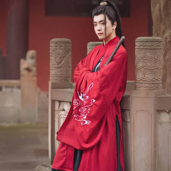 Wei Jin Style Overlapping Collar Long Robe and Baggy Sleeve Blouse - Red