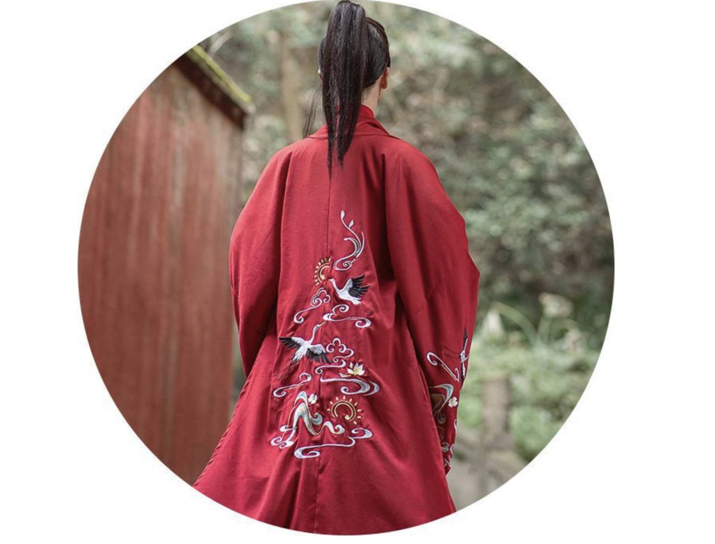 Wei Jin Style Overlapping Collar Long Robe and Baggy Sleeve Blouse - Back of Red