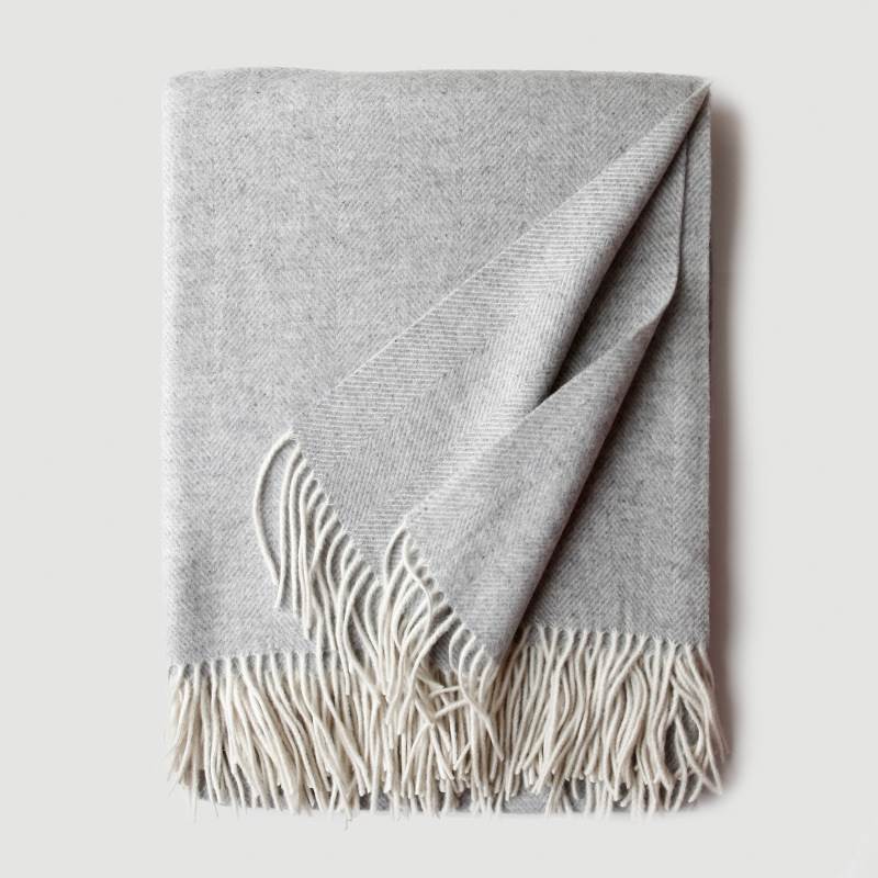 Herringbone Texture Solid Color Wool Blanket with Tassel- Light Gray