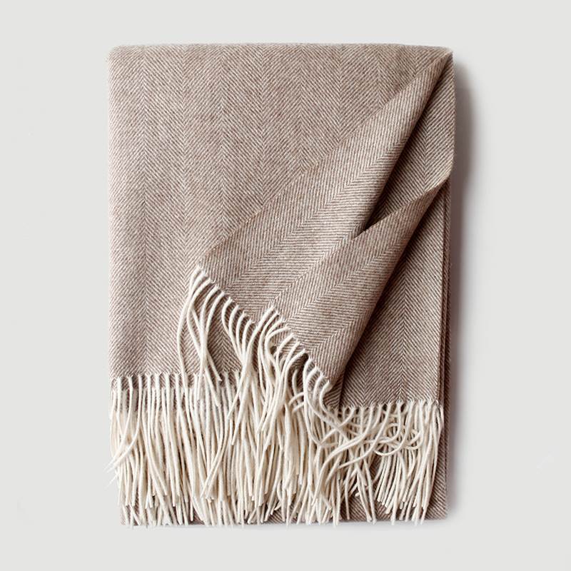 Herringbone Texture Solid Color Wool Blanket with Tassel- Purple-Beige