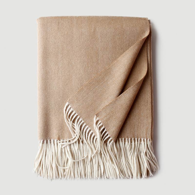 Herringbone Texture Solid Color Wool Blanket with Tassel- Camel