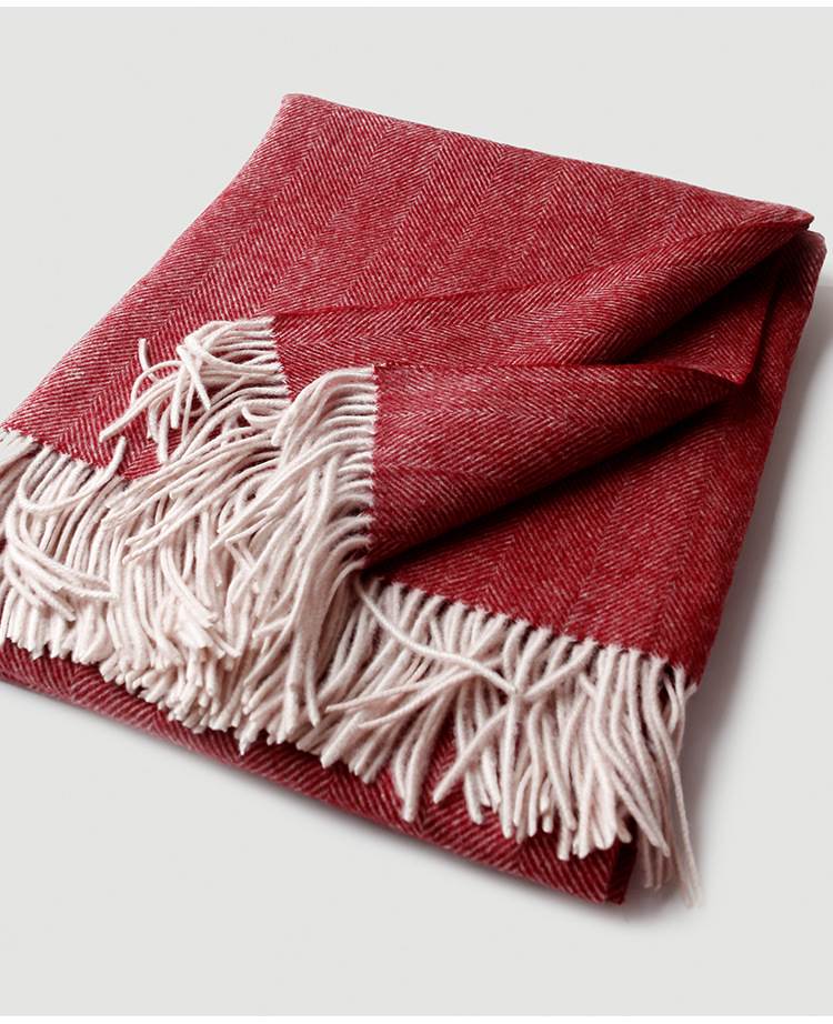 Herringbone Texture Solid Color Wool Blanket with Tassel- Wine Red